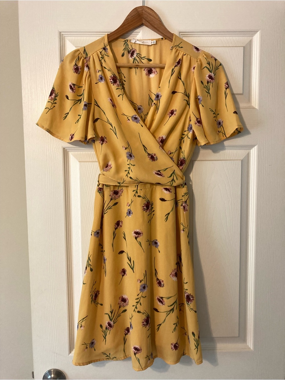 All in Favor Mustard Yellow Floral Wrap Mini Dress